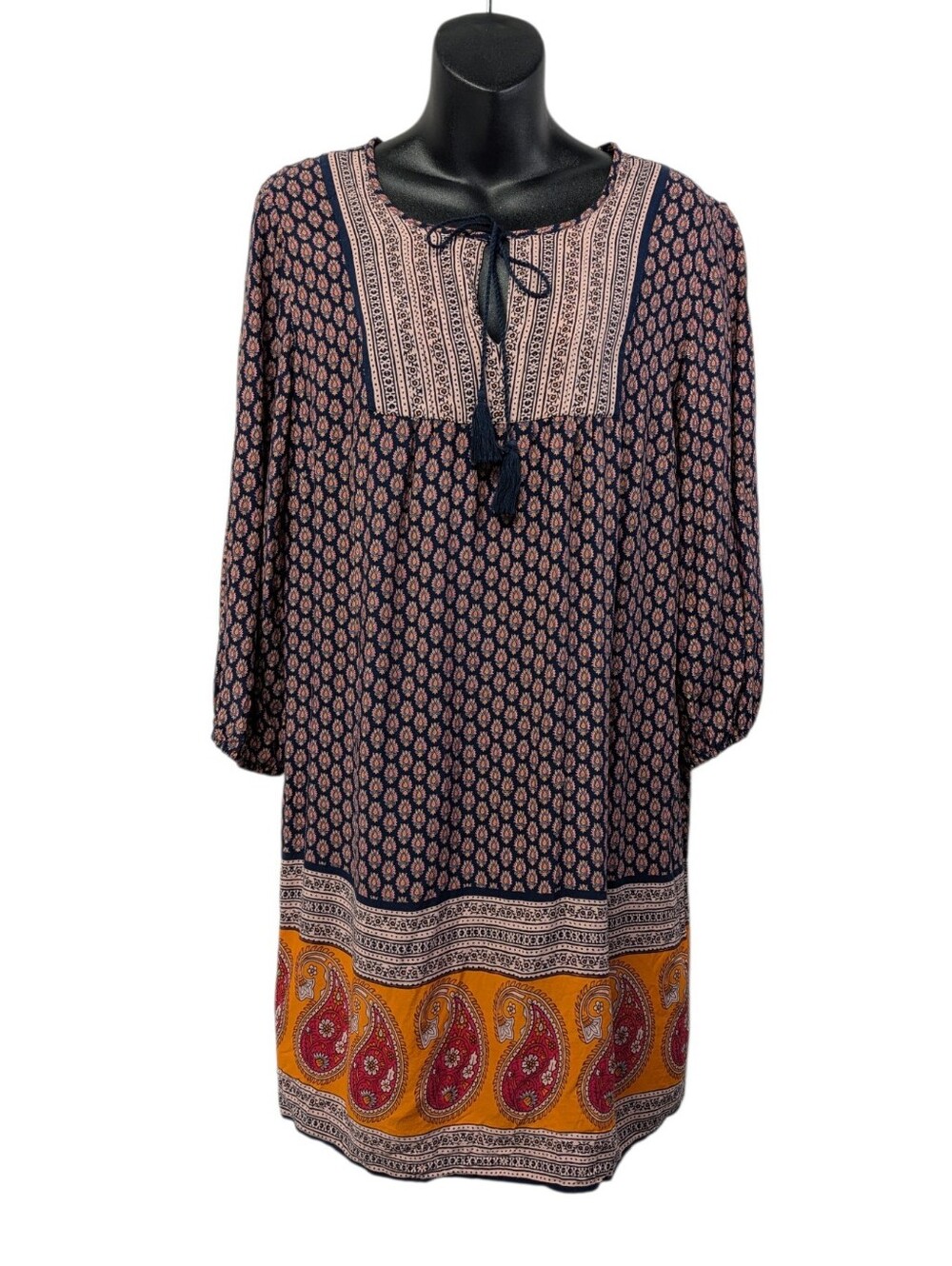 beachlunchlounge Women's Navy Paisley Tasseled Tie V-Neck Shift Dress M